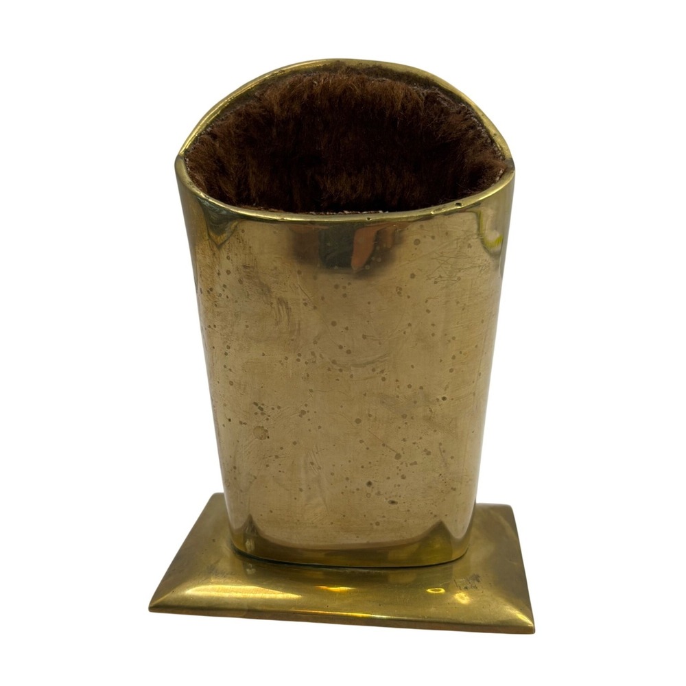 Vintage Solid Brass Eyeglass Holder Fur Lined Desk Accessory Pencil Cup Weighted